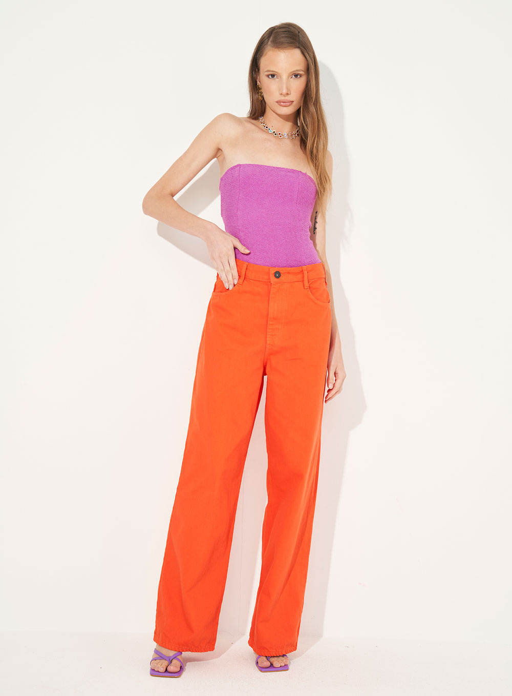 CALÇA SARJA BRUNA LOW 38 LARANJA SAOKO