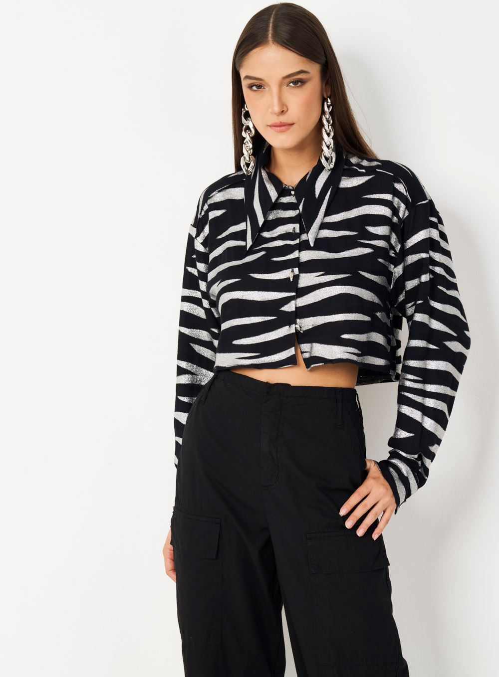 CAMISA JACQUARD METALIZADA M PRETO/PRATA
