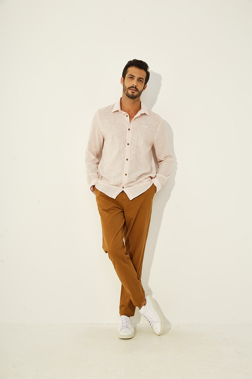 CAMISA LINHO LISTRADA RELAX PP ROSA/OFF