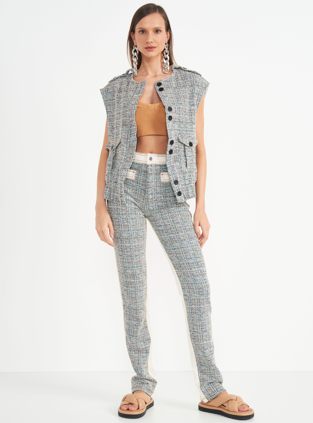 CALÇA SARJA DETALHE TWEED KENDALL 36 AZUL/OFF/MARR