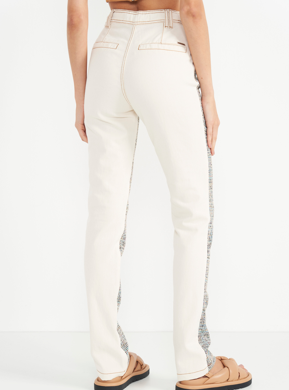 CALÇA SARJA DETALHE TWEED KENDALL 36 AZUL/OFF/MARR