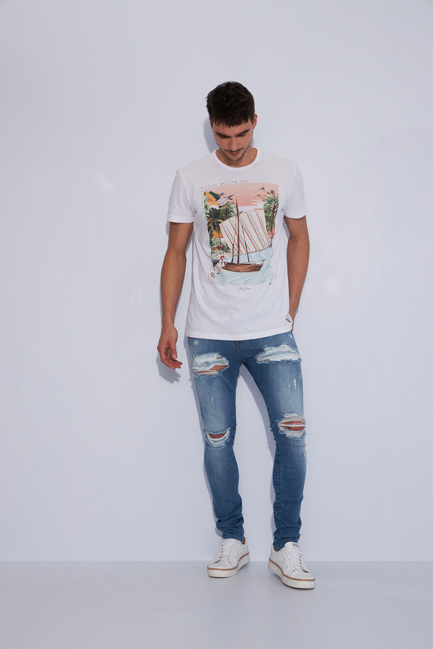 CAMISETA LINHO ESTAMPADA M BRANCO/MARROM