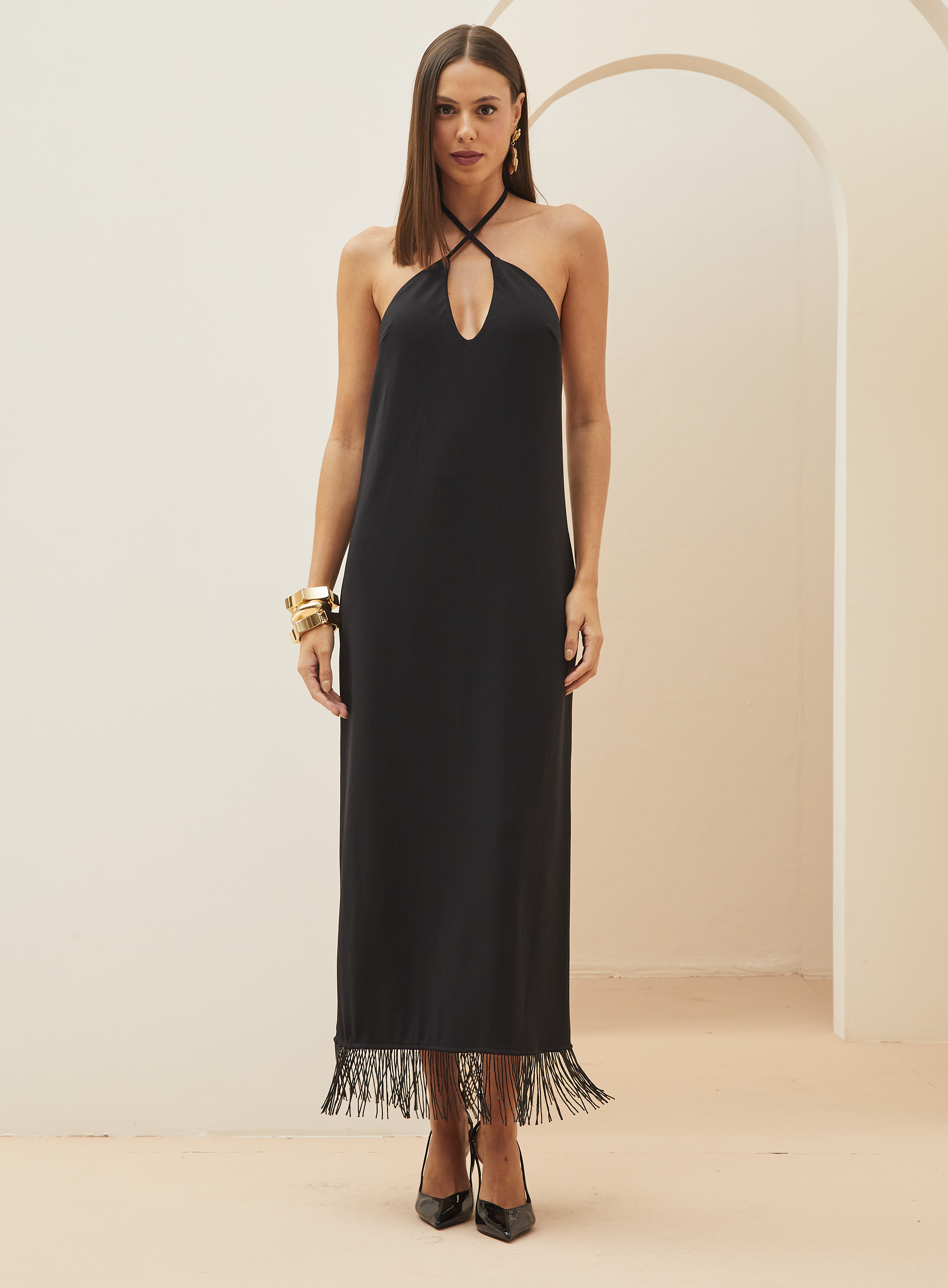 VESTIDO COM FRANJA P PRETO
