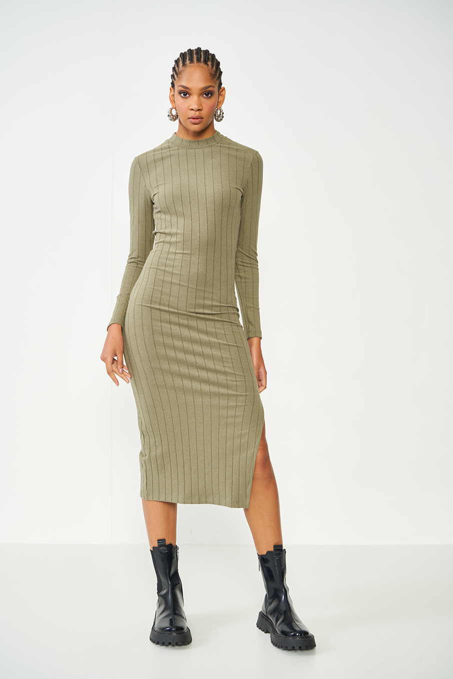 VESTIDO CANELADO G BEGE TAUPE