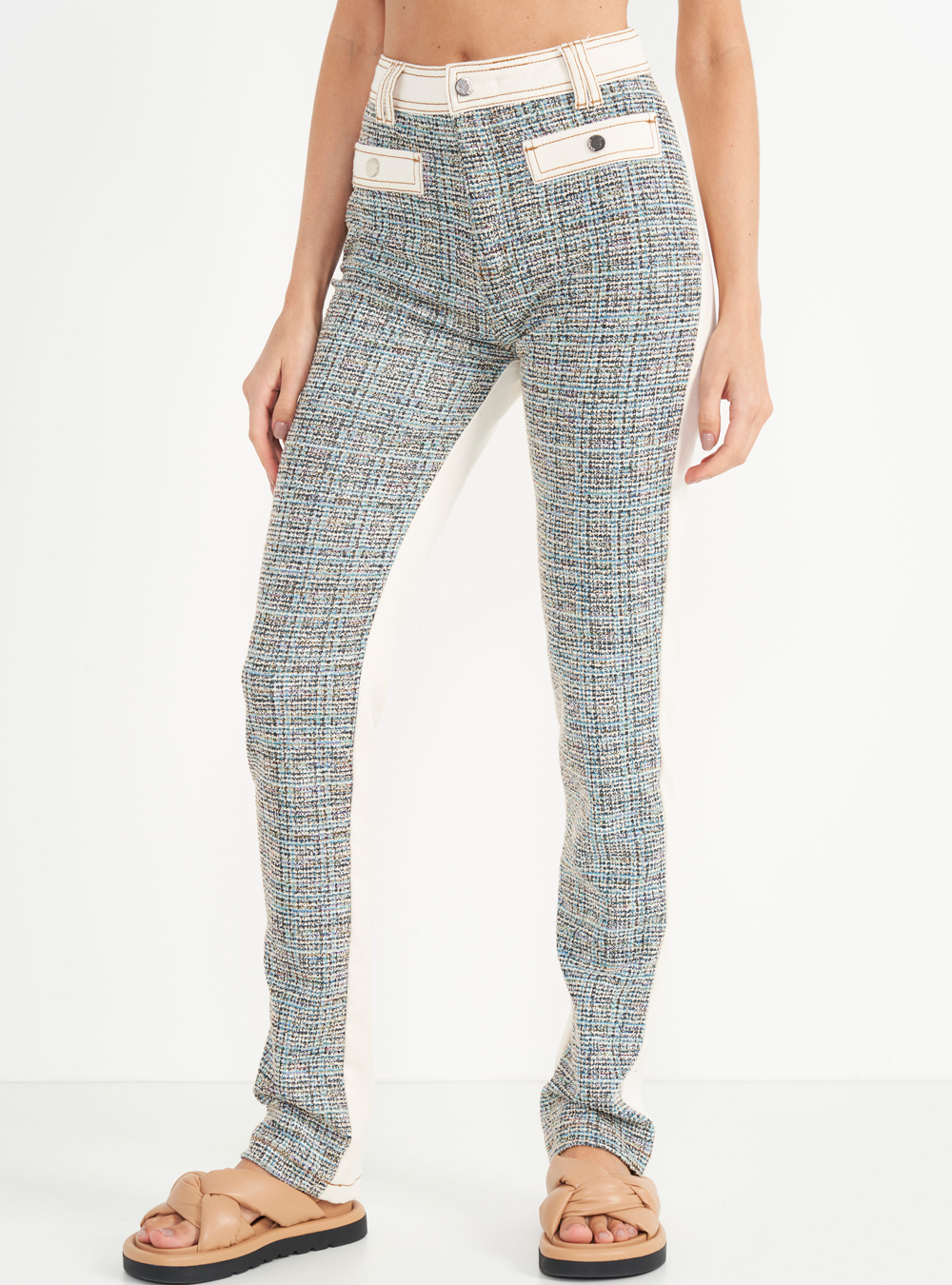 CALÇA SARJA DETALHE TWEED KENDALL 36 AZUL/OFF/MARR