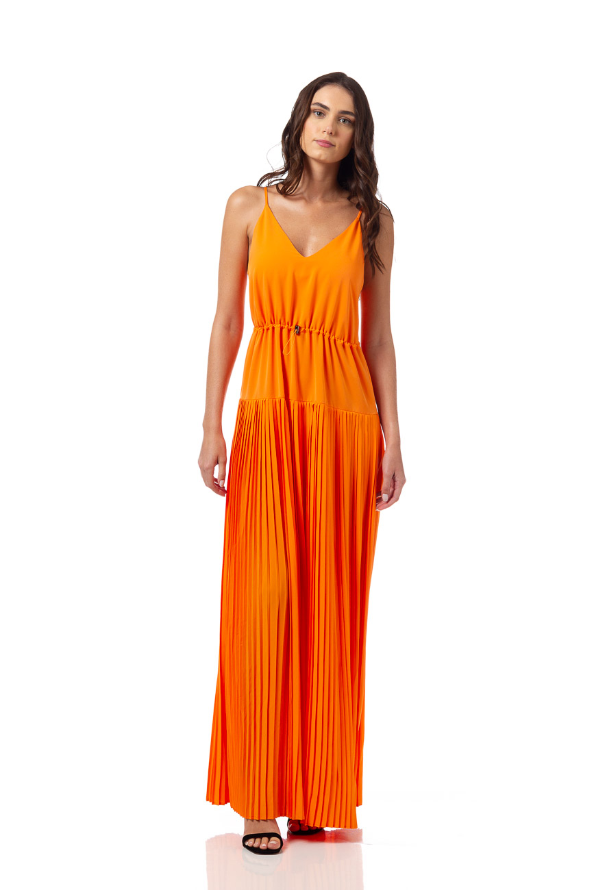 VESTIDO LONGO DETALHE PLISSADO 38 LARANJA PRESIA
