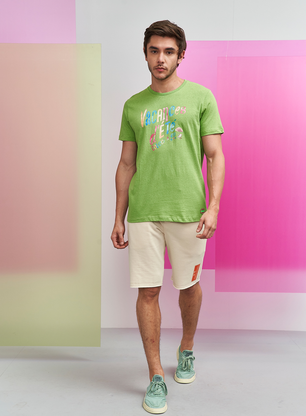 CAMISETA LINHO ESTAMPADA P AMARELO/MARROM