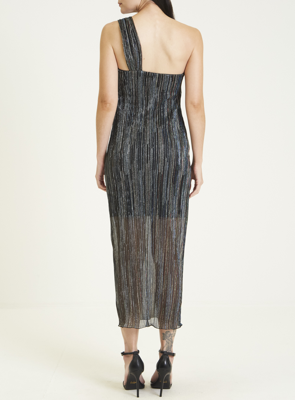 VESTIDO PLISSADO METALIZADO PP PRETO/AZUL/VERM