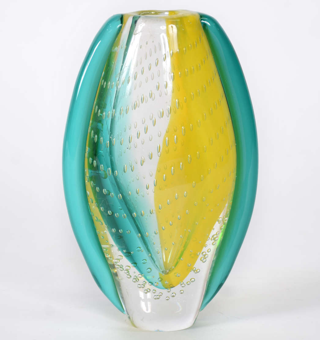Jarro de cristal transparente com mesclas em verde e amarelo. Assinada na base., Rosenthal, foto 1 de 4