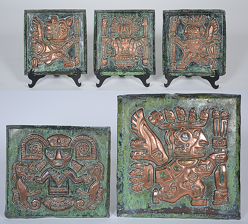Cinco placas de metal asteca (mexicanas). Medidas 20 x 20 cm (3), 30...