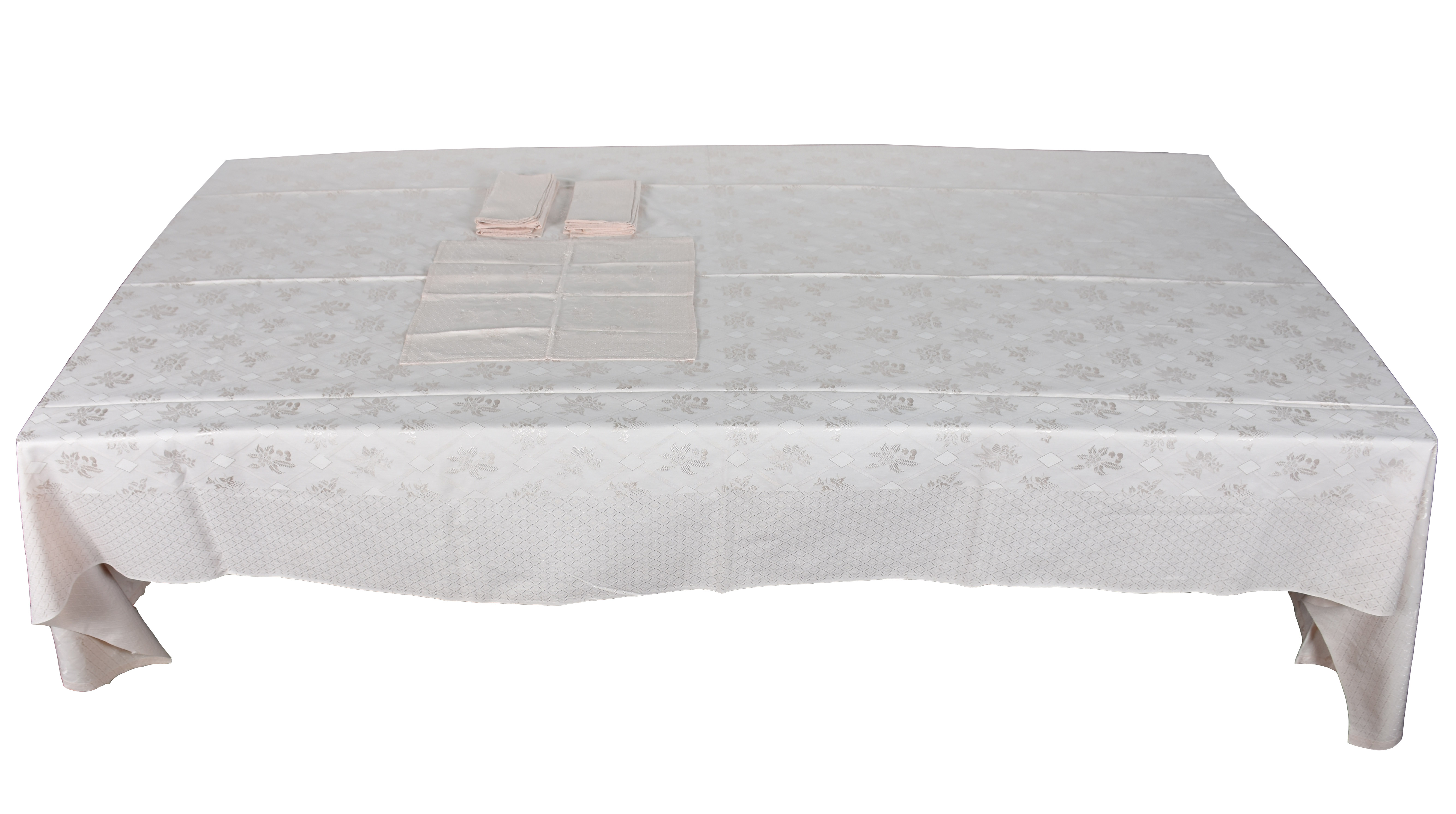 Toalha de mesa de tecido bege adamascado, com 6 guardanapos. - foto 1 de 2