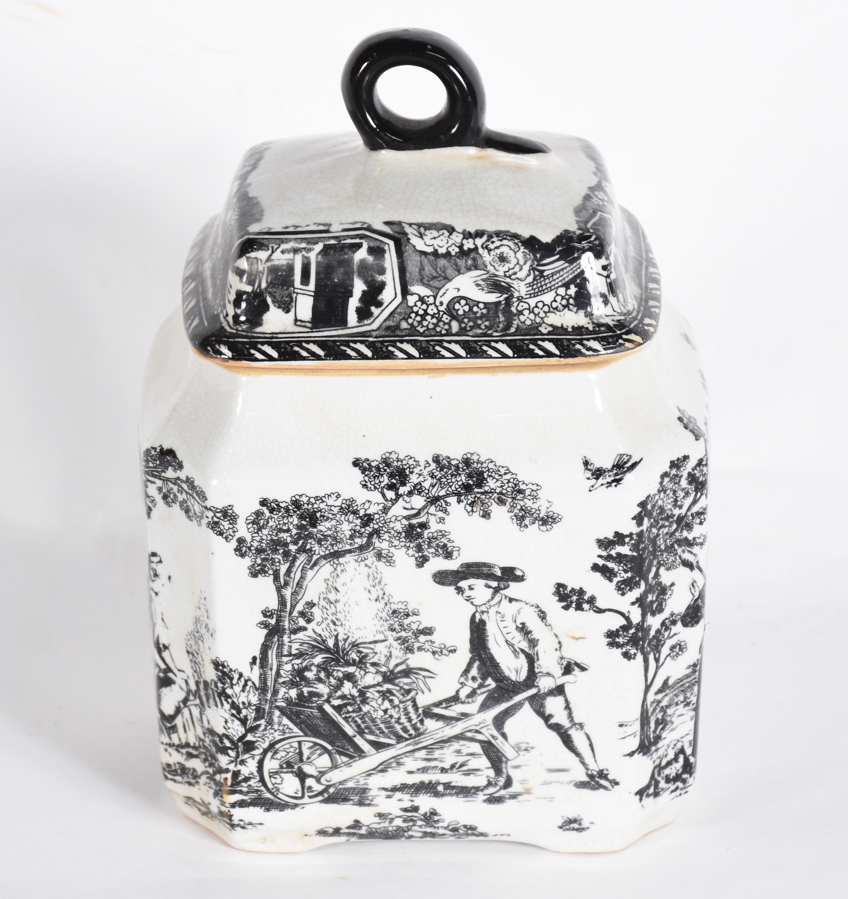 Potiche de porcelana decorada com figuras campestres em preto e... - foto 2 de 5