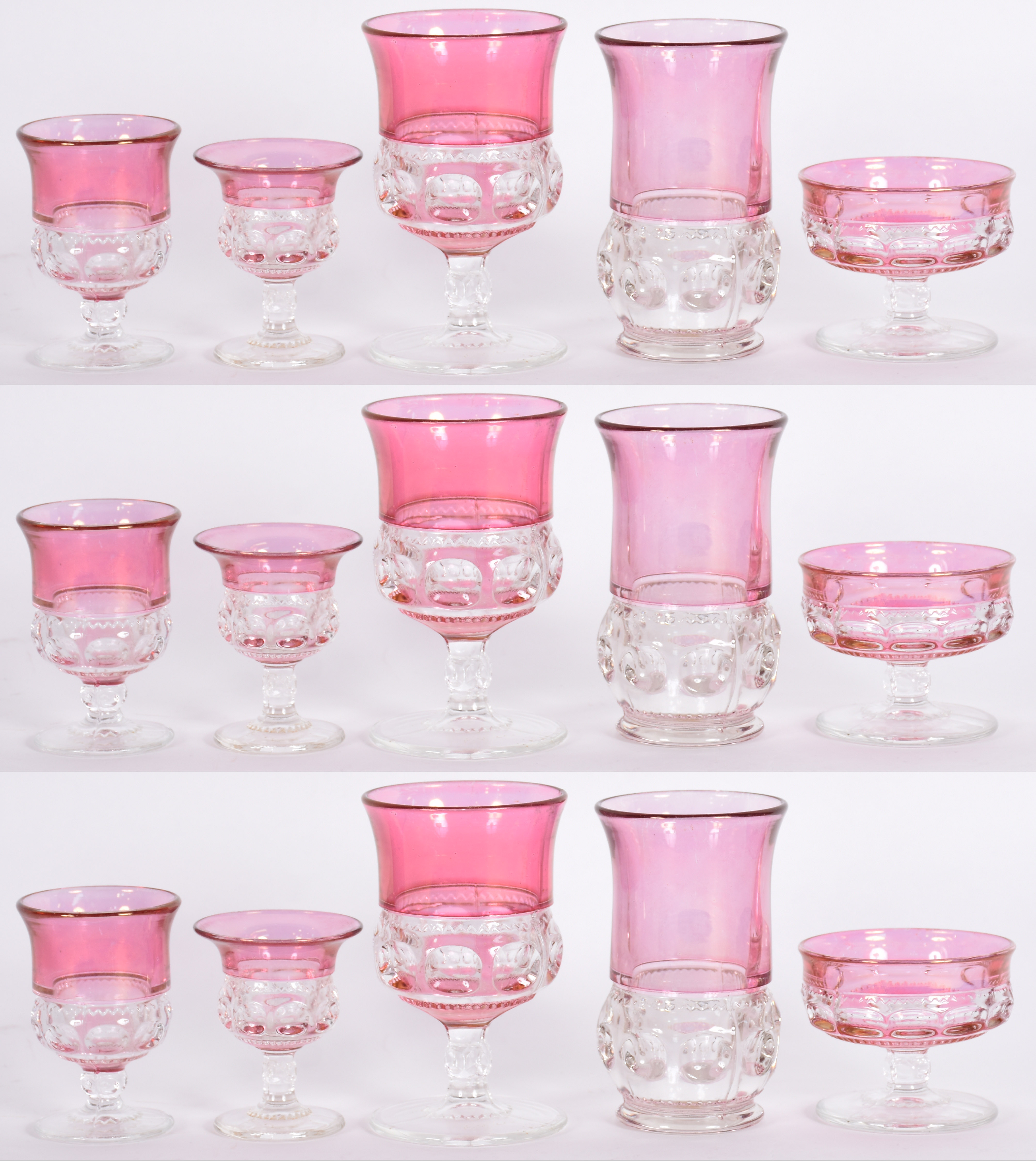 Conjunto de copos de vidro pintado rosa (alguns descascando) composto... - foto 1 de 3