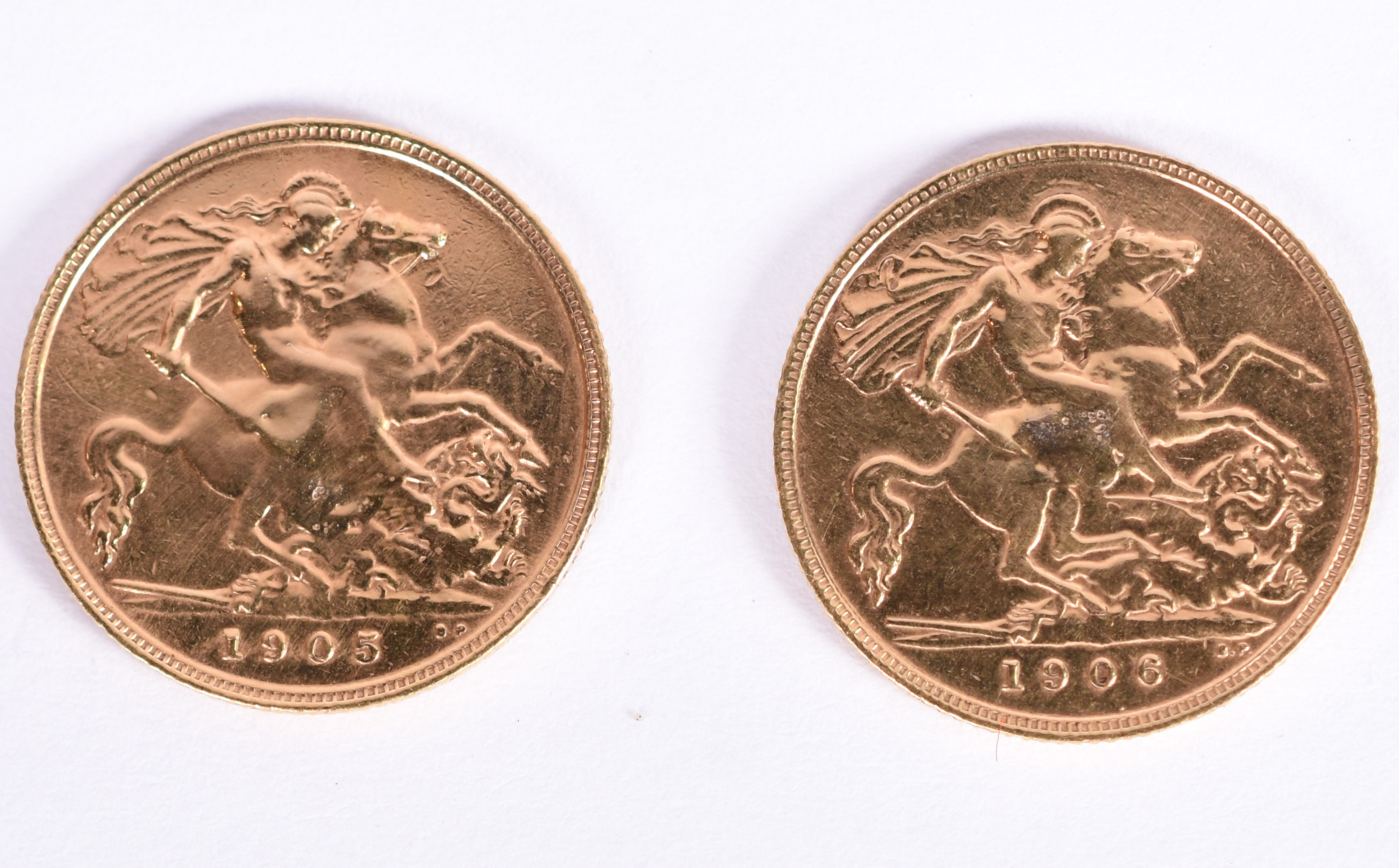 Duas meias libras inglesas de ouro 1905 e 1906. - foto 2 de 3