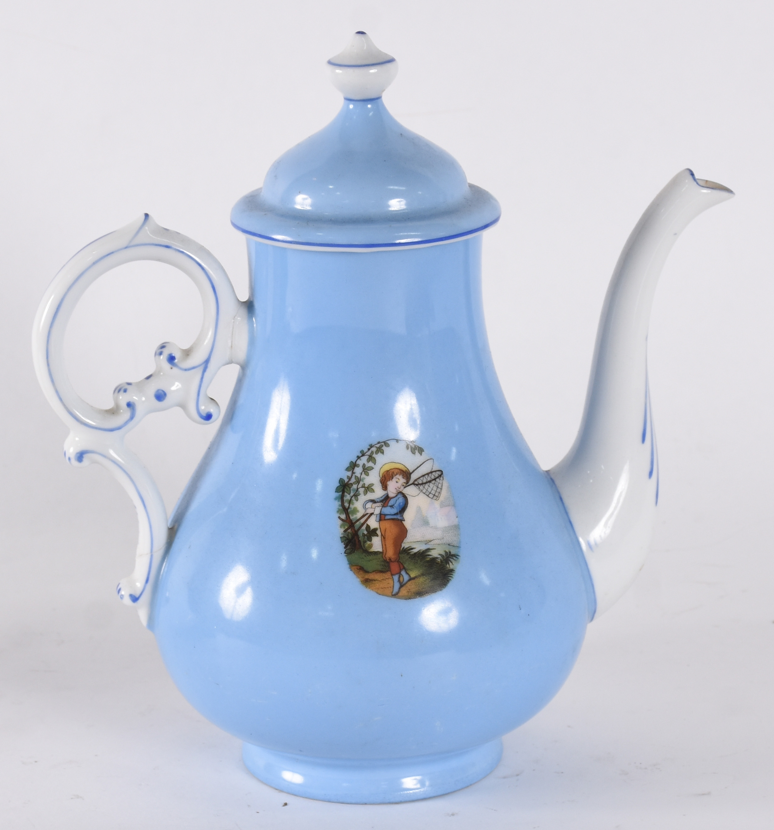 Bule de porcelana francesa Velho Paris, na cor azul com figura em... - foto 1 de 4