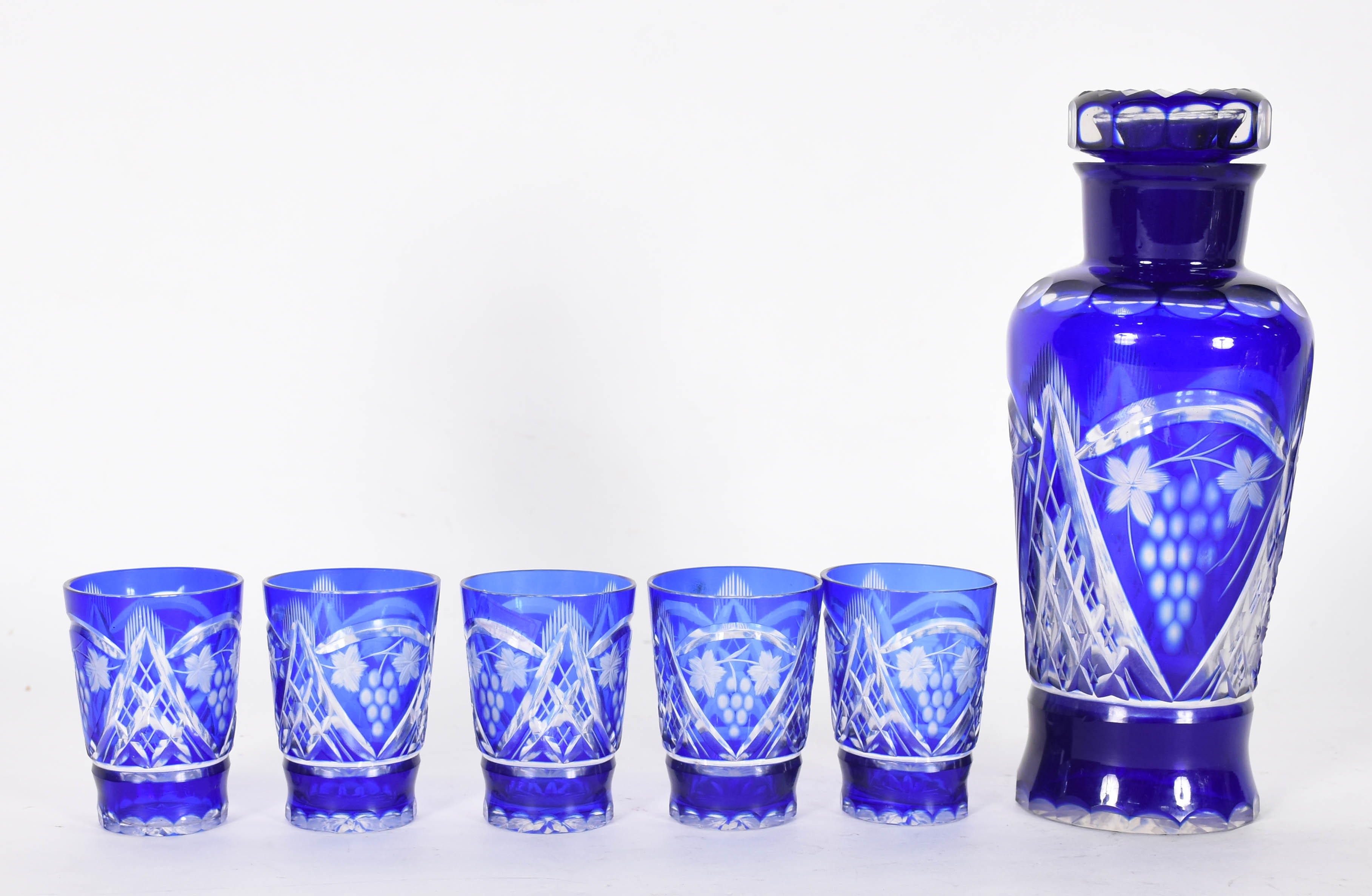 Garrafa e 5 copos de cristal double azul lapidado. - foto 1 de 4