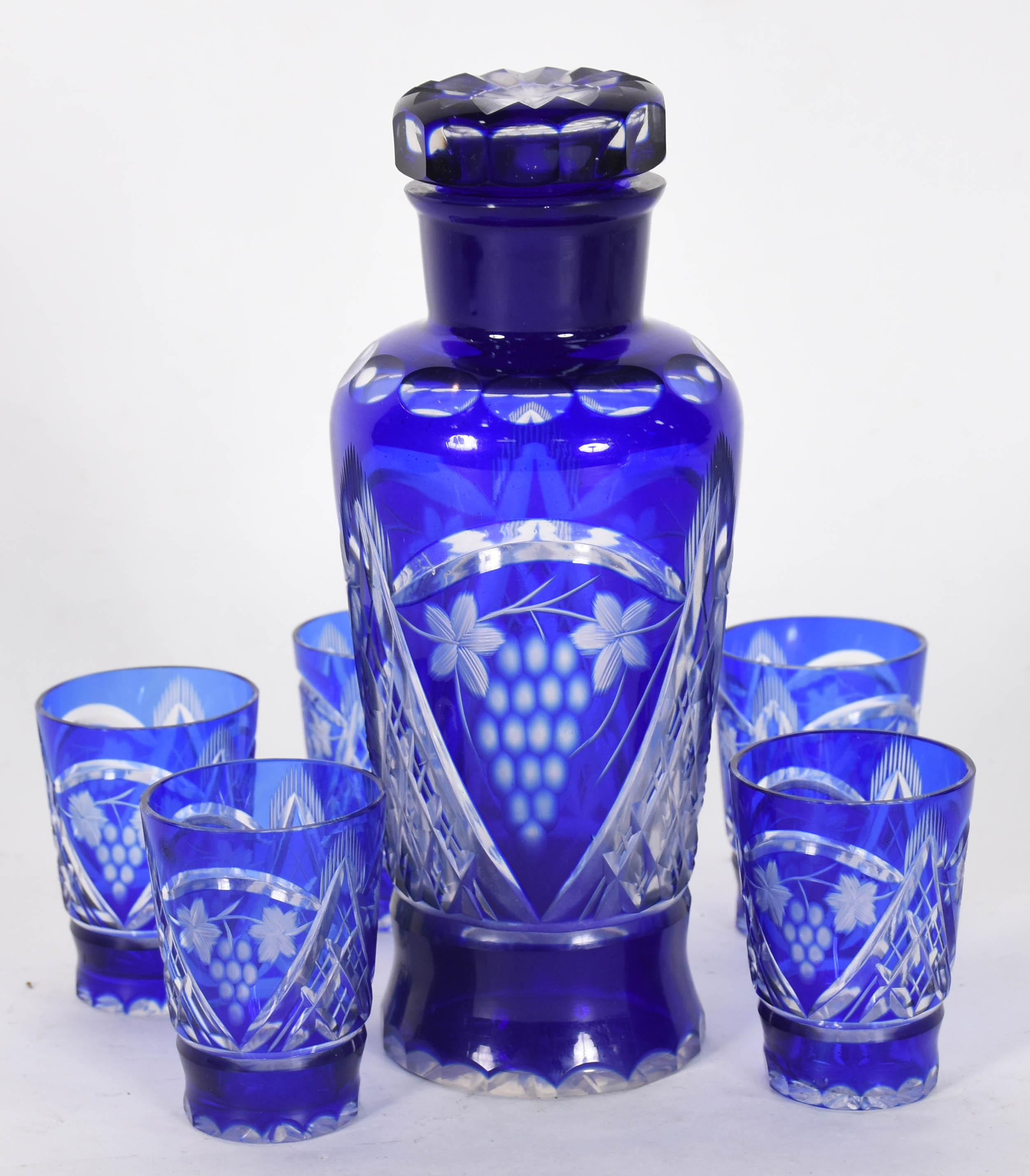 Garrafa e 5 copos de cristal double azul lapidado. - foto 4 de 4