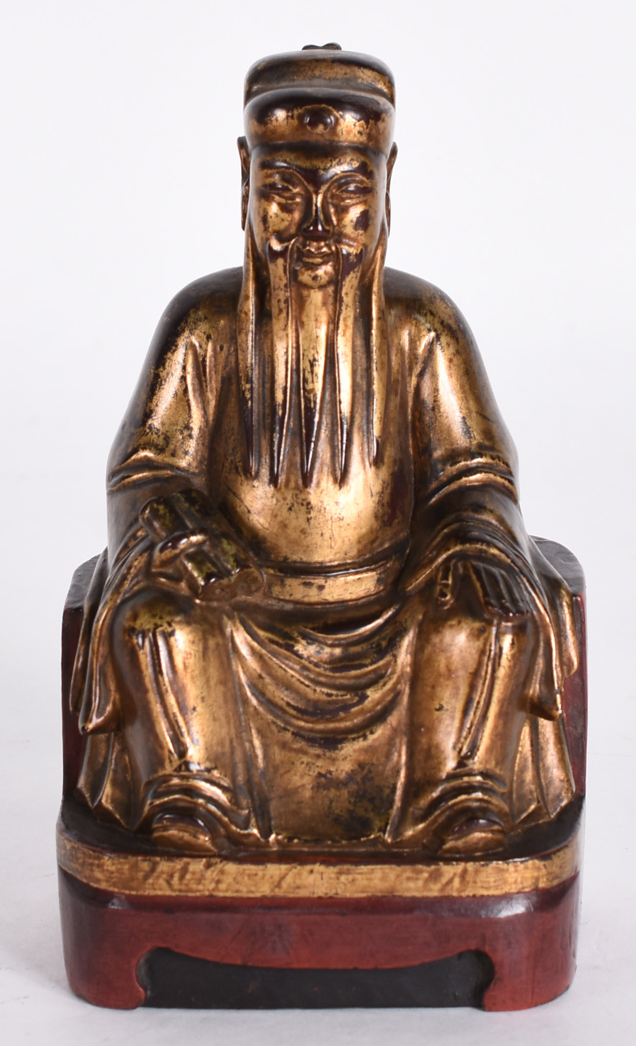 Escultura chinesa em madeira dourada representando o Deus Guandi... - foto 1 de 5