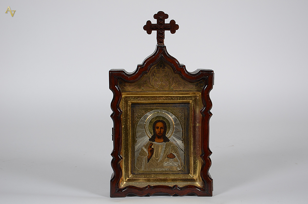 Antigo ícone russo de prata contrastada representando Cristo - caixa... - foto 1 de 2