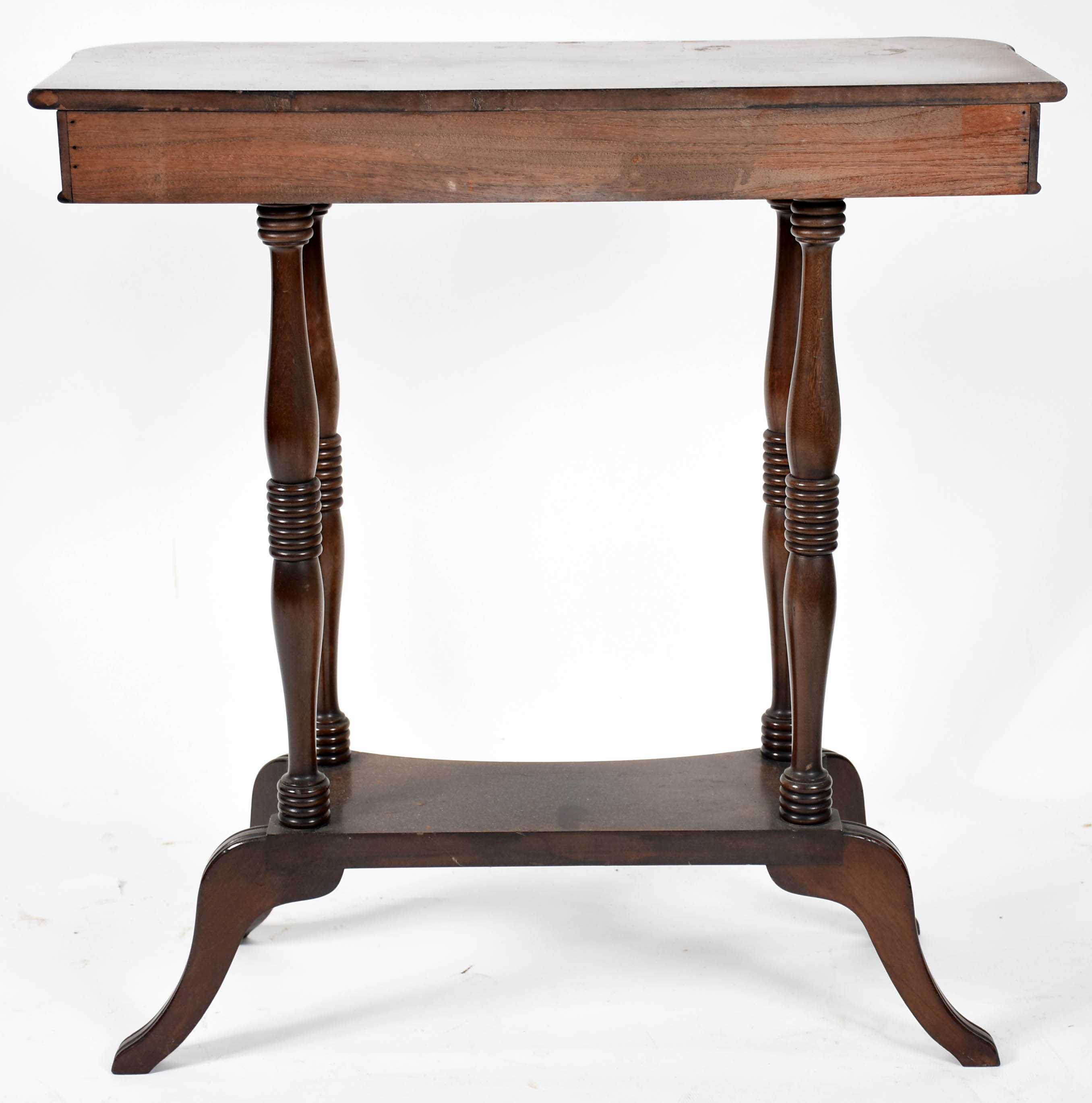 Console de madeira nobre, uma gaveta, tampo apoiado em 4 colunetas... - foto 4 de 5