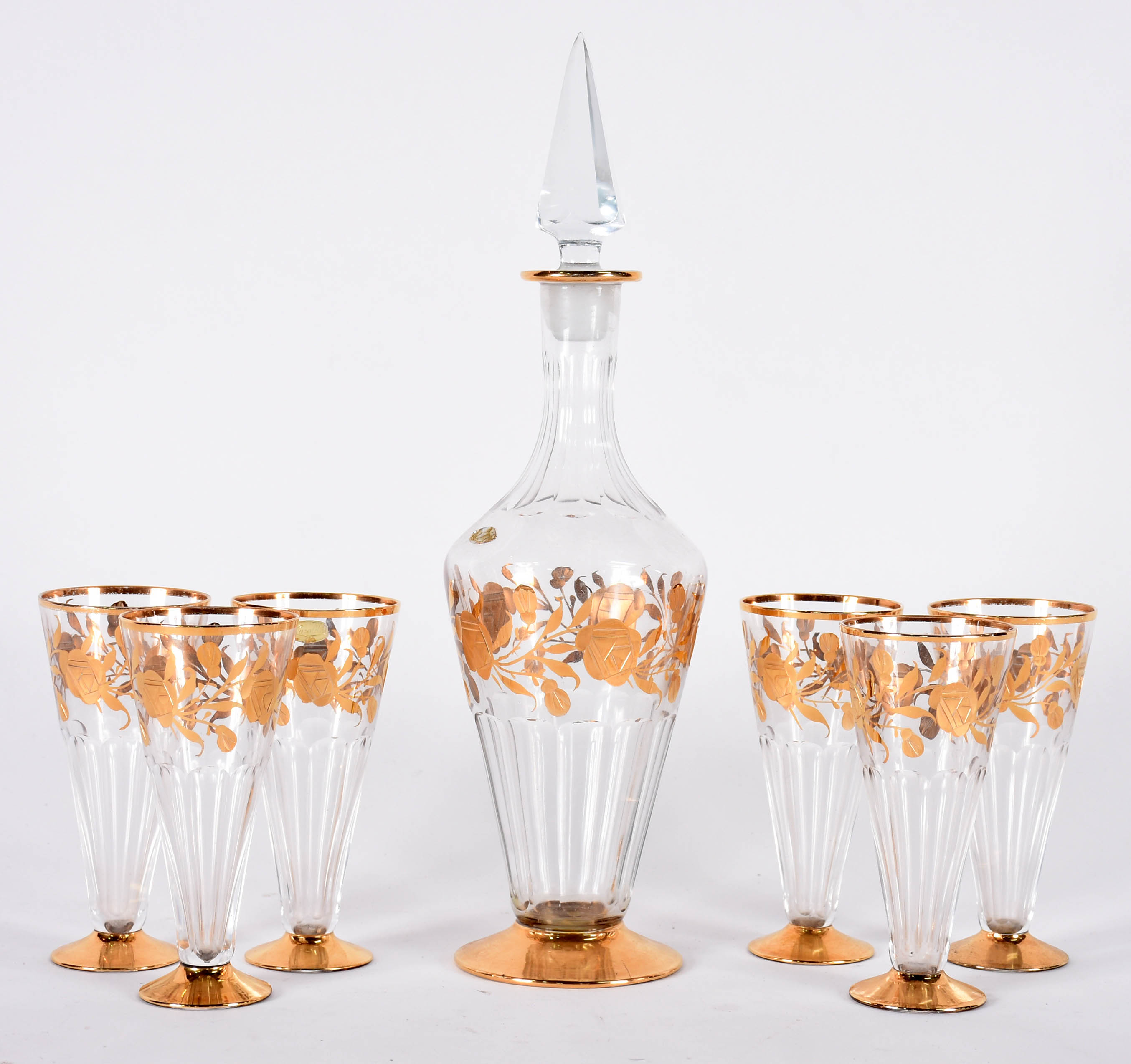 Conjunto de garrafa com 6 copos de cristal facetado com flores... - foto 1 de 4
