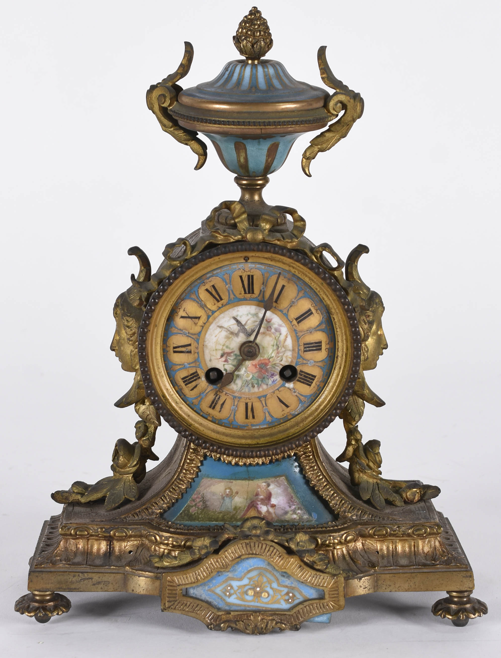 Relógio frances de mesa de bronze e porcelana azul turquesa, laterais... - foto 1 de 5