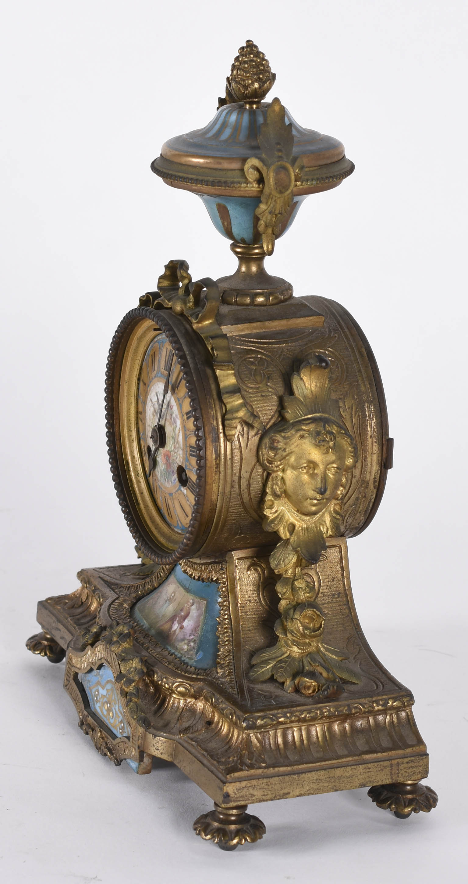 Relógio frances de mesa de bronze e porcelana azul turquesa, laterais... - foto 3 de 5