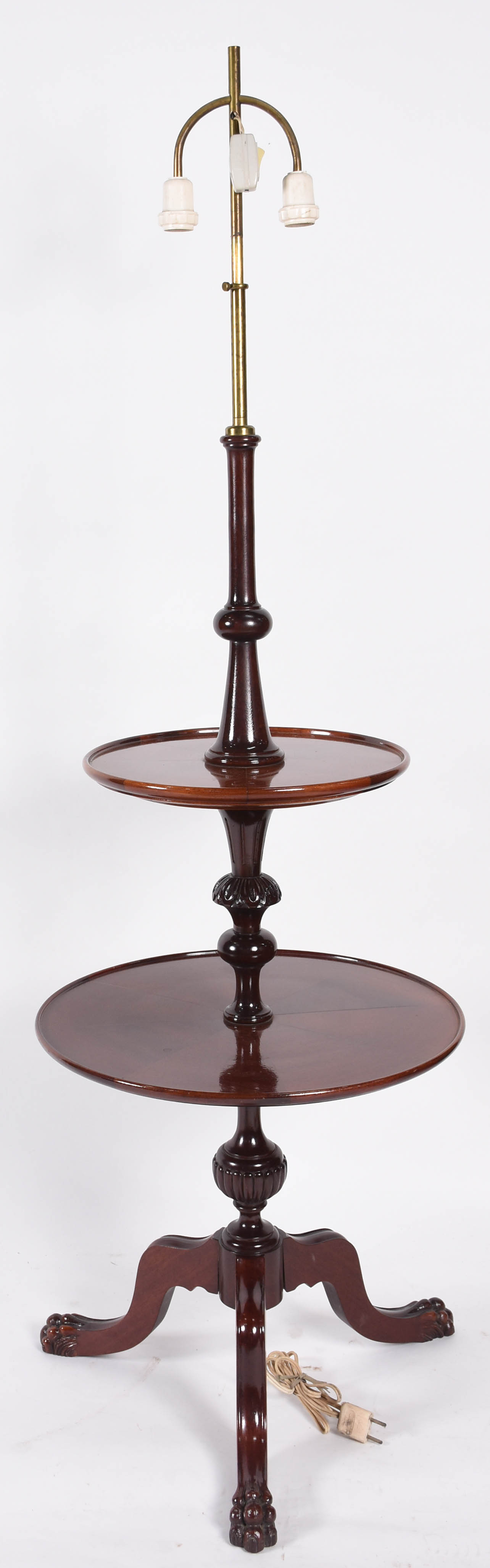 Mesa de madeira nobre com dois platôs, luminária acoplada, base em... - foto 1 de 3