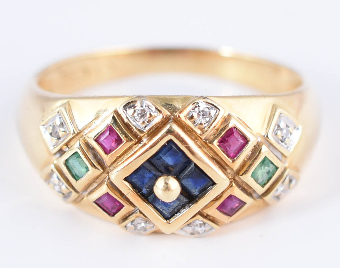 Anel de ouro amarelo 18 k com aplicações de diamantes, safiras... - foto 1 de 4
