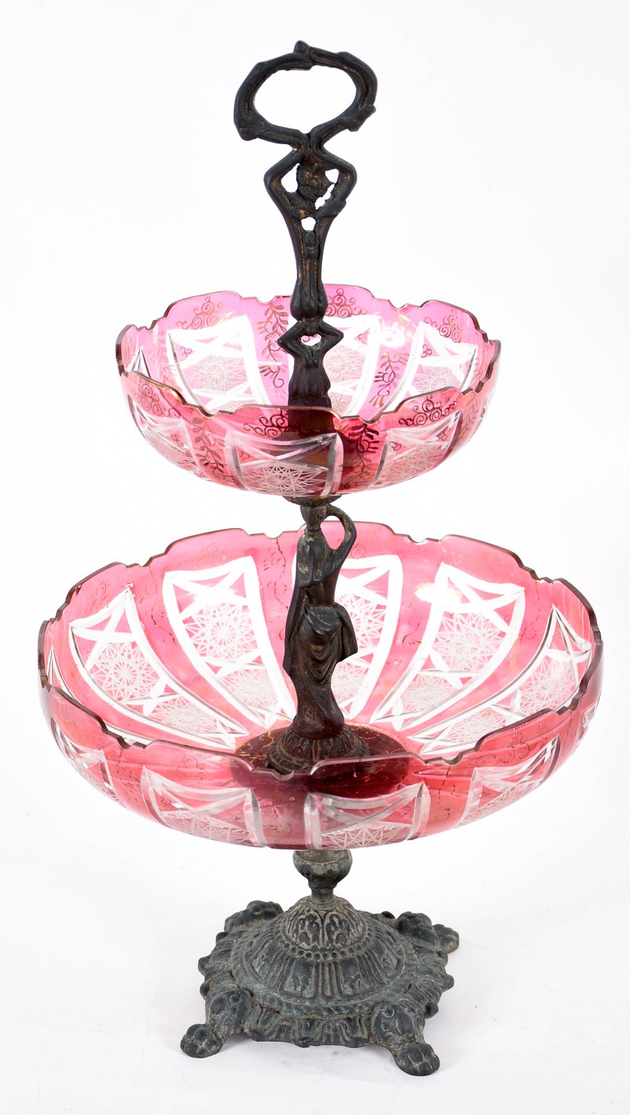 Fruteira de metal com figura feminina e 2 pratos de cristal double... - foto 3 de 4