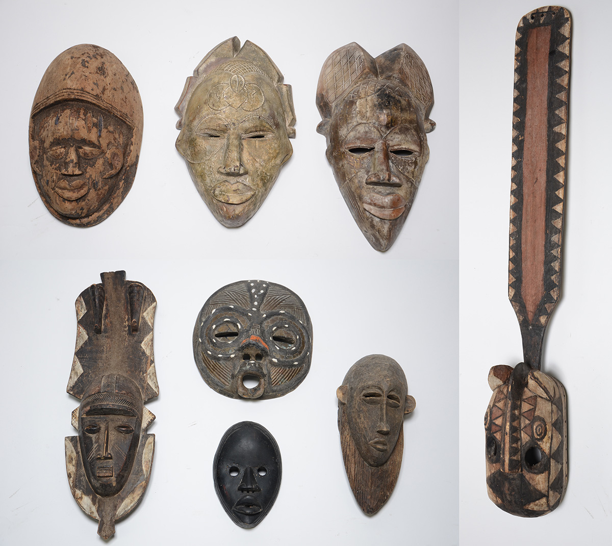 Coleção com oito máscaras africanas de madeira. Alturas de 25 cm a...