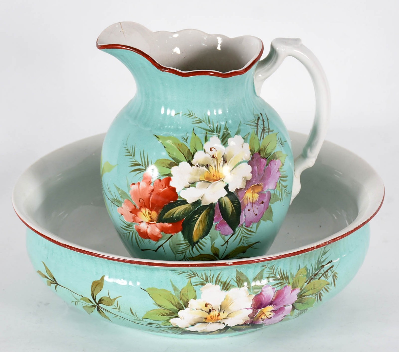Jarra com bacia de faiança decoração floral em policromia (com fio de... - foto 1 de 6