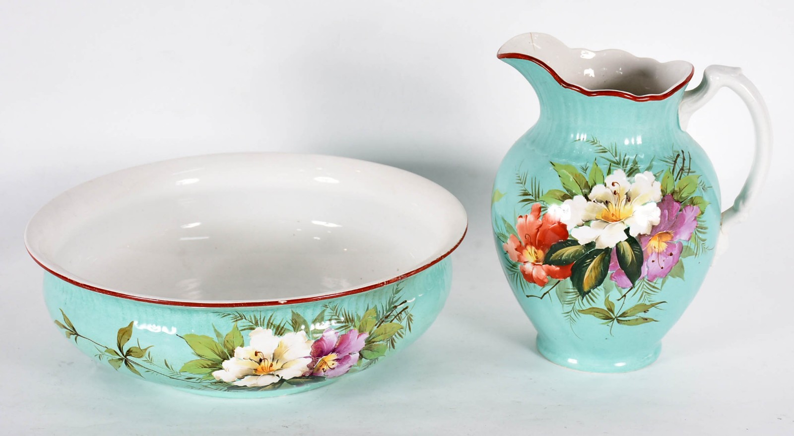 Jarra com bacia de faiança decoração floral em policromia (com fio de... - foto 2 de 6