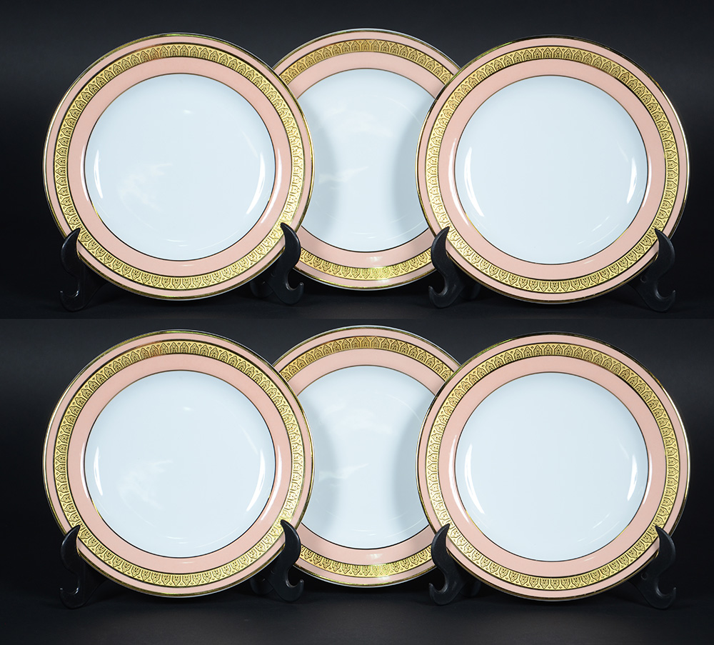 Conjunto com 6 pratos de porcelana para sobremesa com borda rosa e...