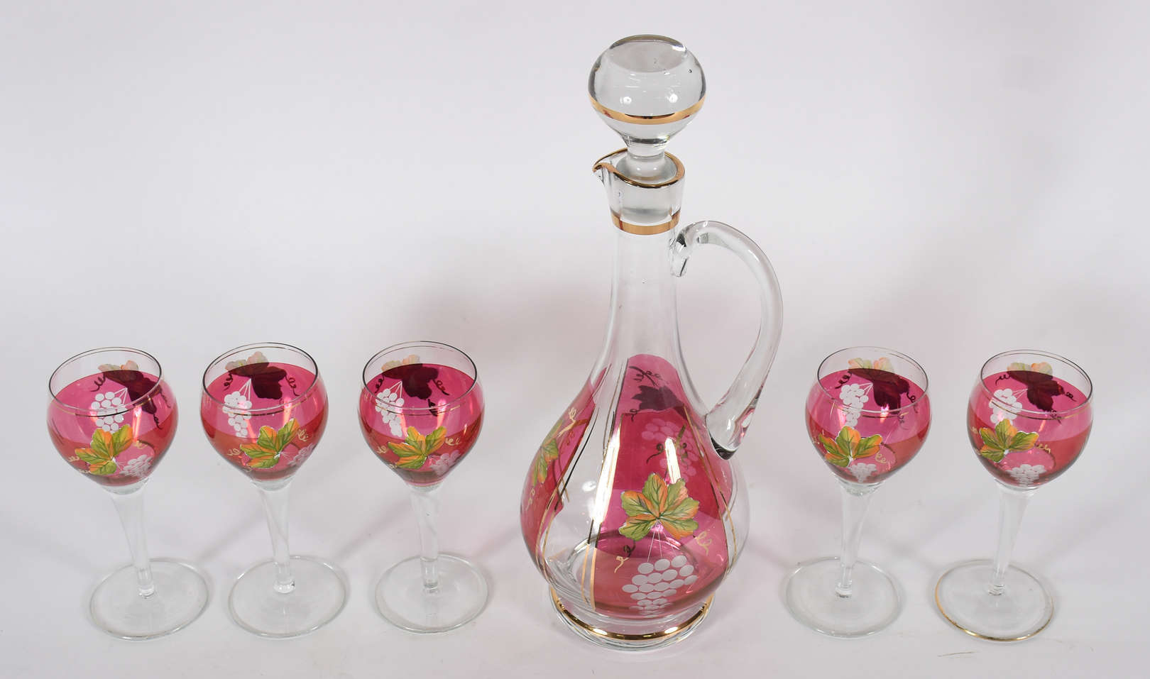 Licoreira com 5 cálices em demi cristal, decorada com cachos de uvas... - foto 1 de 3