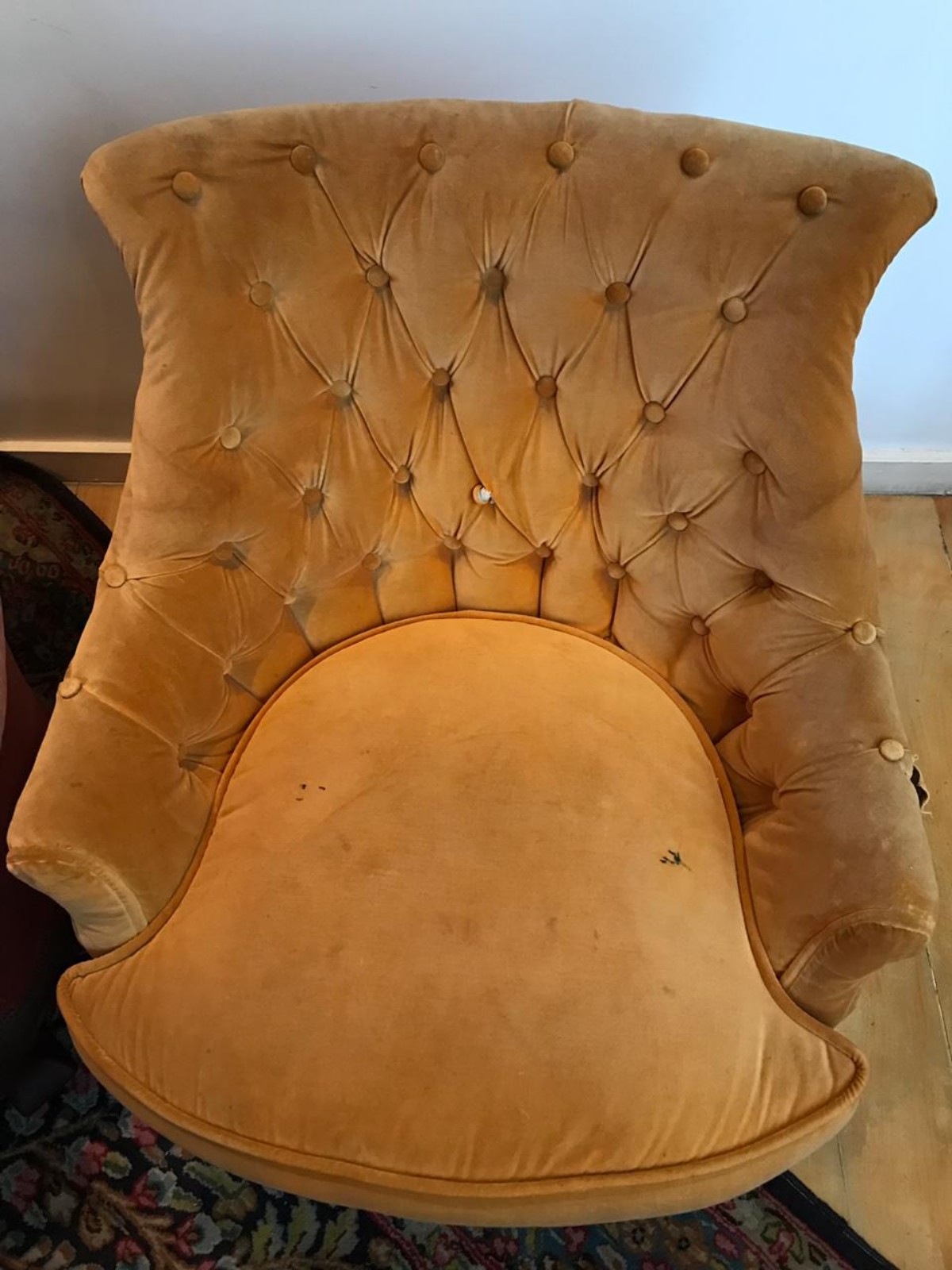 Par de poltronas estofadas e forradas com veludo, uma na cor mostarda... - foto 4 de 6