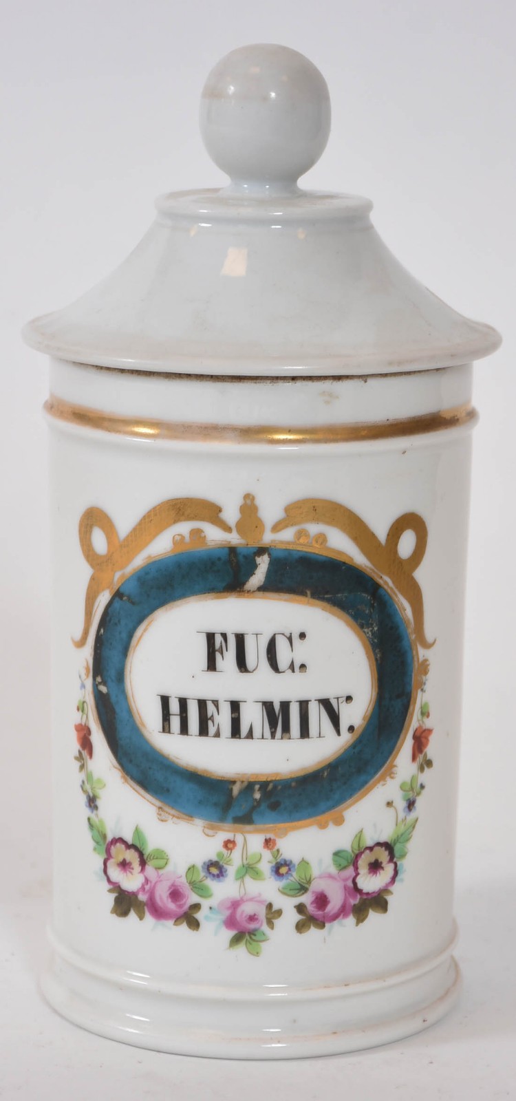 Pote de farmacia de porcelana francesa com inscrições "Fuc helmin"... - foto 1 de 5