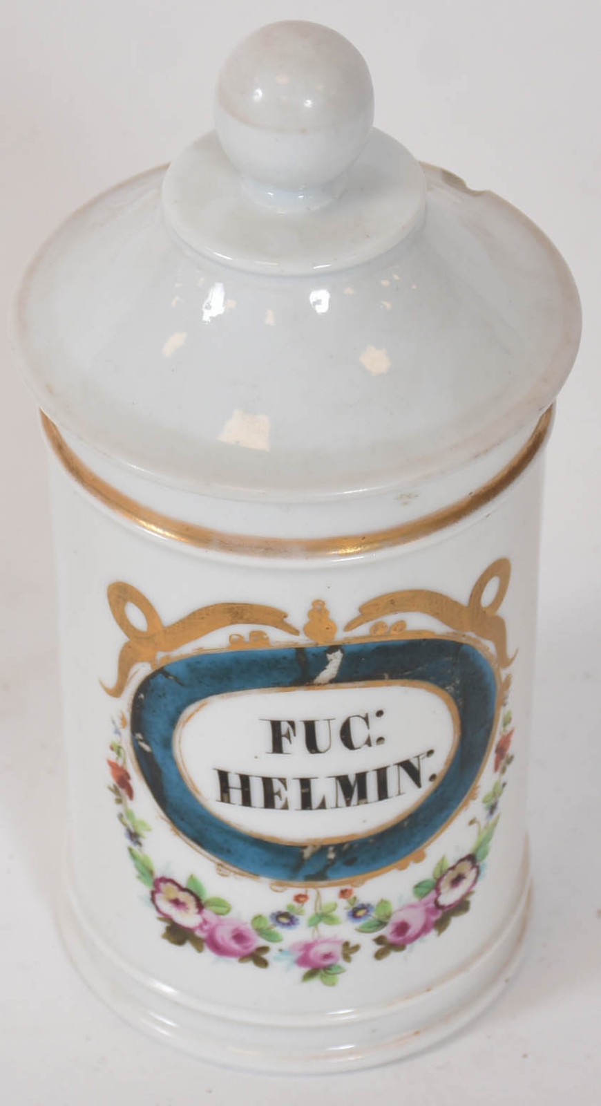 Pote de farmacia de porcelana francesa com inscrições "Fuc helmin"... - foto 2 de 5