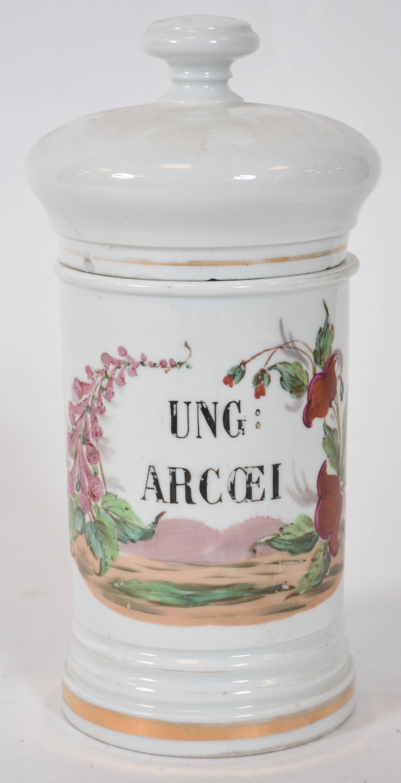 Pote de farmácia de porcelana francesa com inscrições "Ung arcoei"... - foto 1 de 4