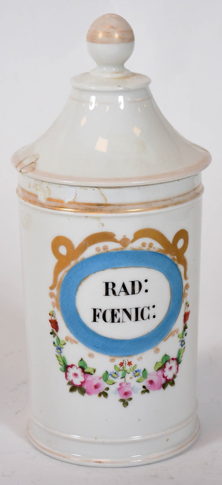 Pote de farmácia de porcelana francesa com inscrições "Rad foenic"... - foto 1 de 4