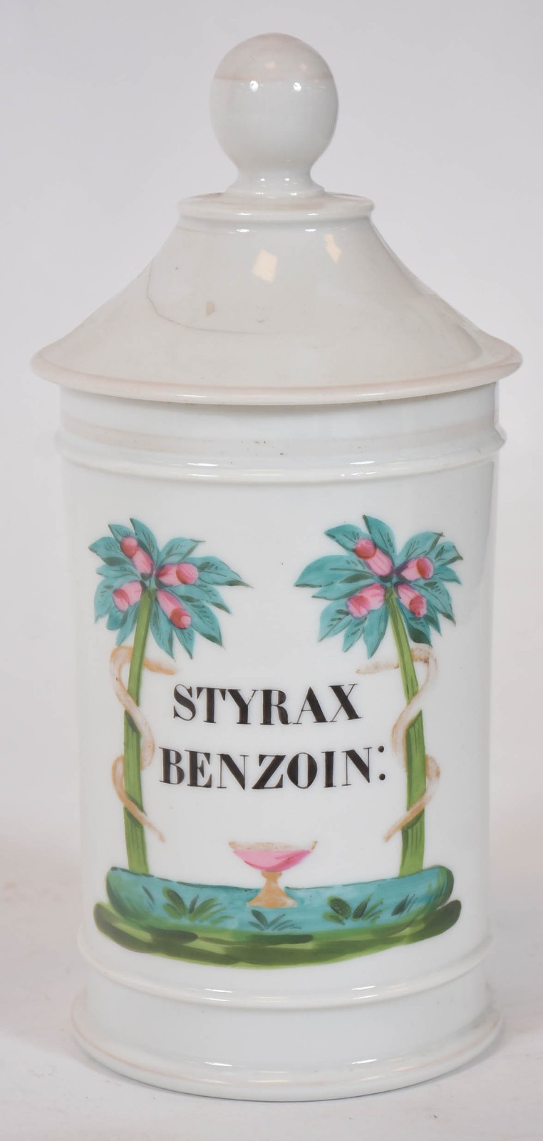 Pote de farmácia de porcelana européia com inscrição "Styrax... - foto 1 de 5
