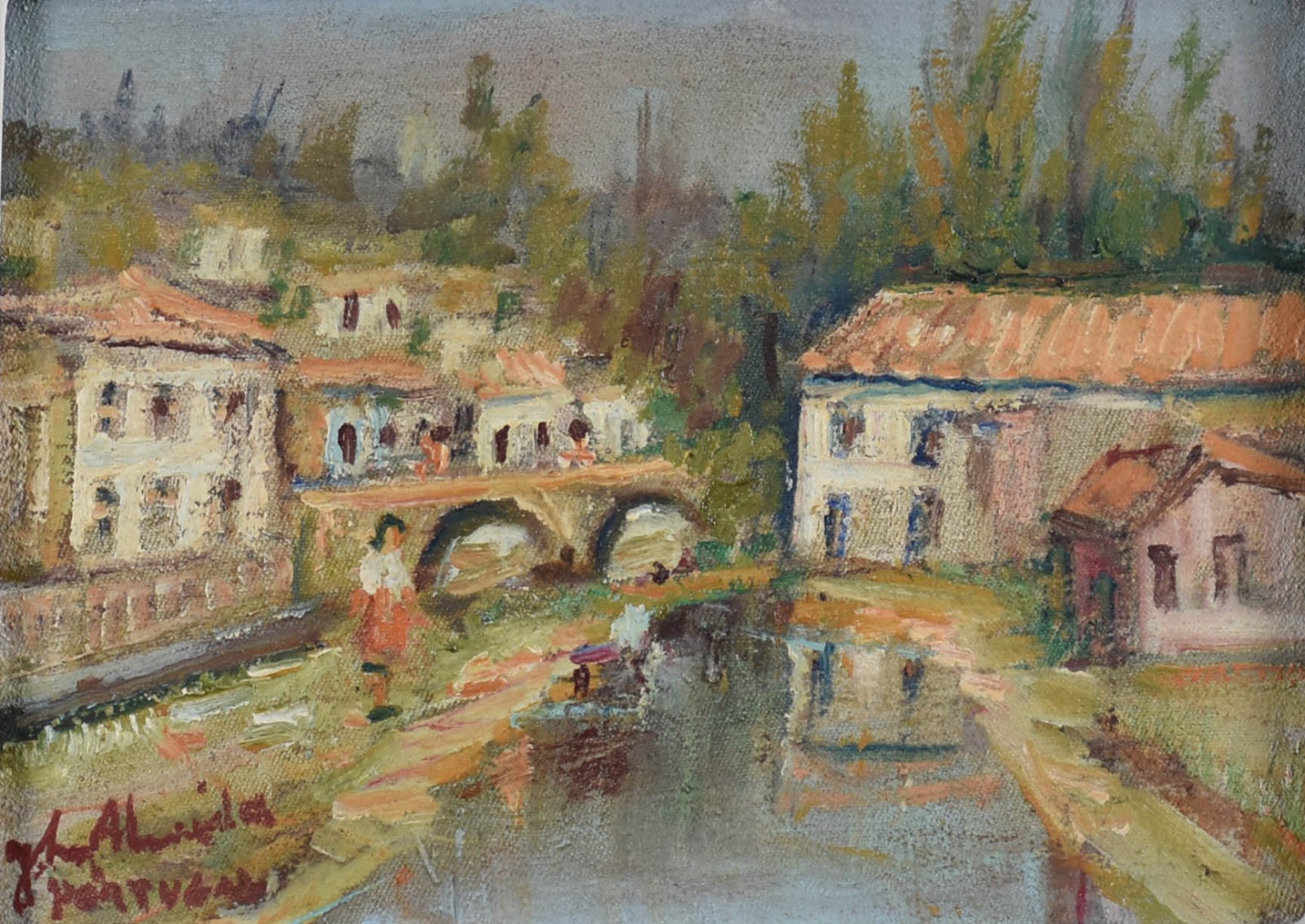José Maria de Almeida (1906-1955), Casario com rio, Portugal. - foto 1 de 4