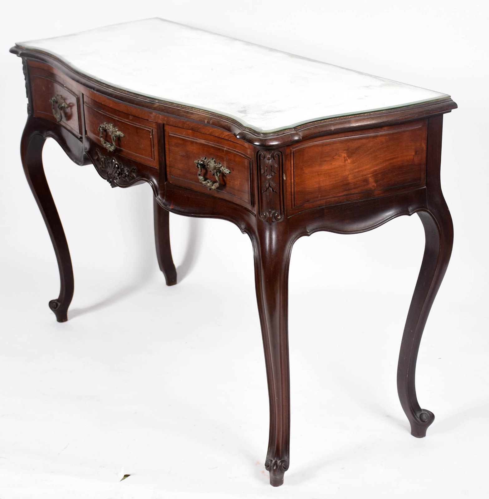 Mesa de encostar de jacarandá com três gavetas, estilo Luís XV, tampo... - foto 1 de 6