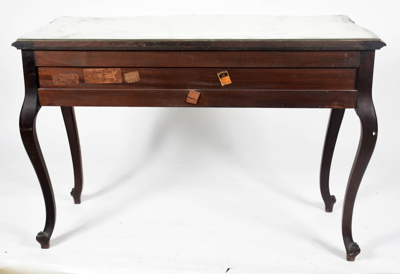 Mesa de encostar de jacarandá com três gavetas, estilo Luís XV, tampo... - foto 6 de 6