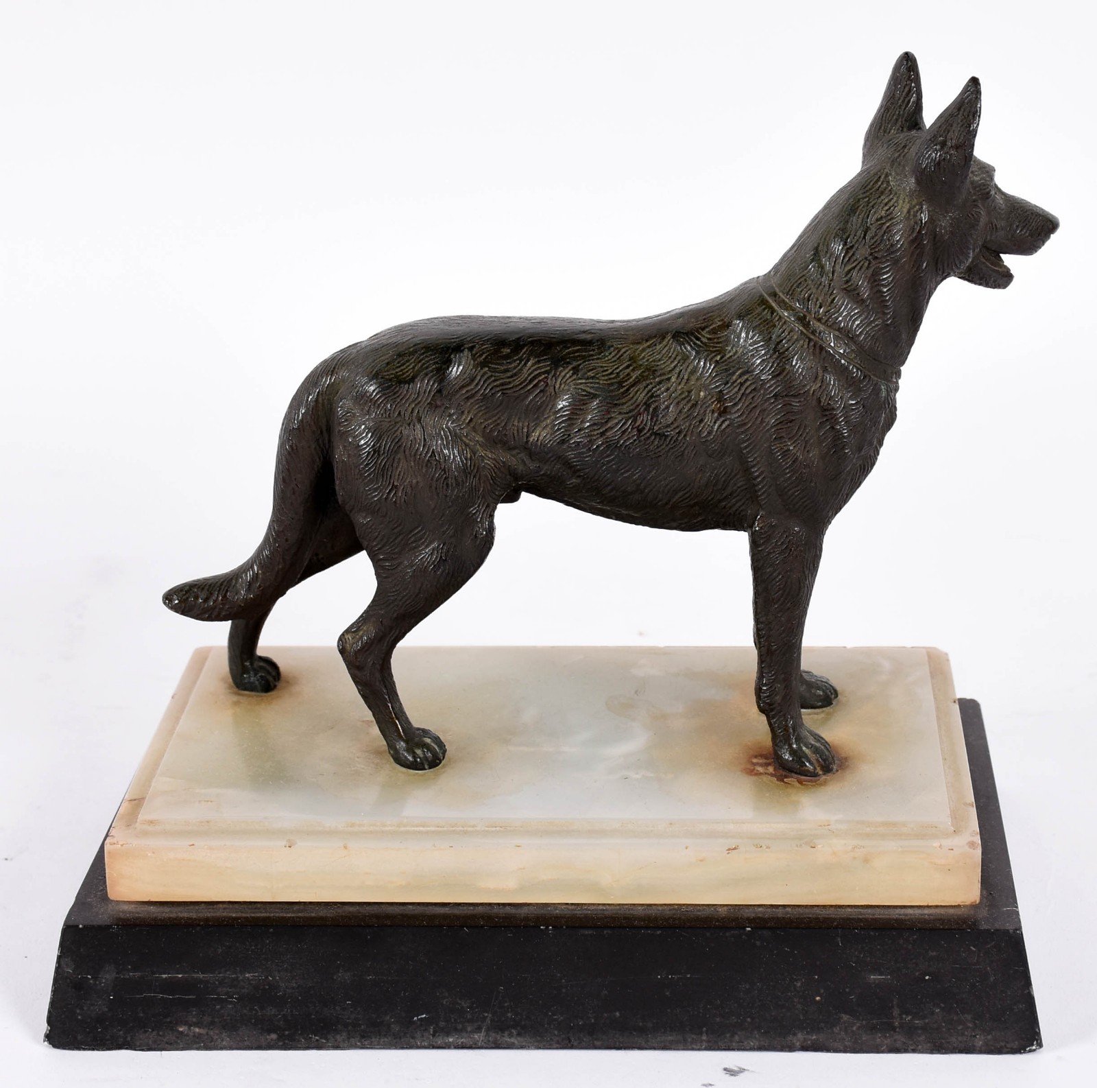 Escultura representando lobo de bronze com base de onix e mármore... - foto 4 de 4