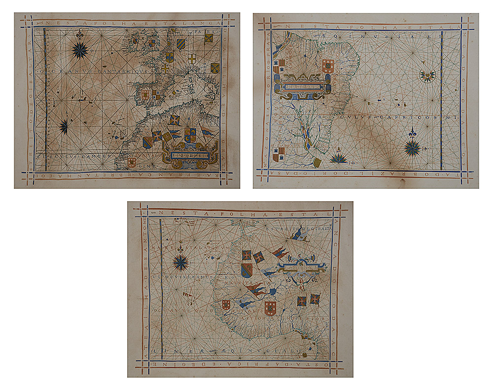Conjunto com três mapas antigos emoldurados. Medida externa 68 x 57...