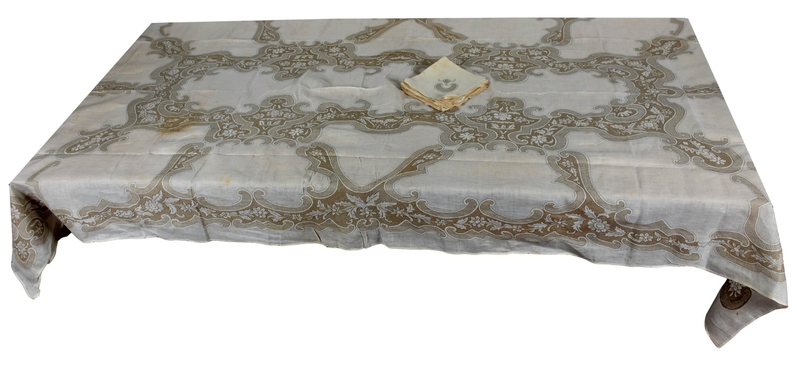Toalha de mesa de linho na cor bege com bordados e 10 guardanapos... - foto 1 de 3