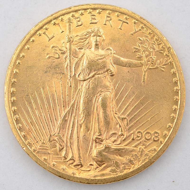 Moeda de ouro de 20 dólares, datada 1908 - Peso aproximado 33,5 g. - foto 1 de 2