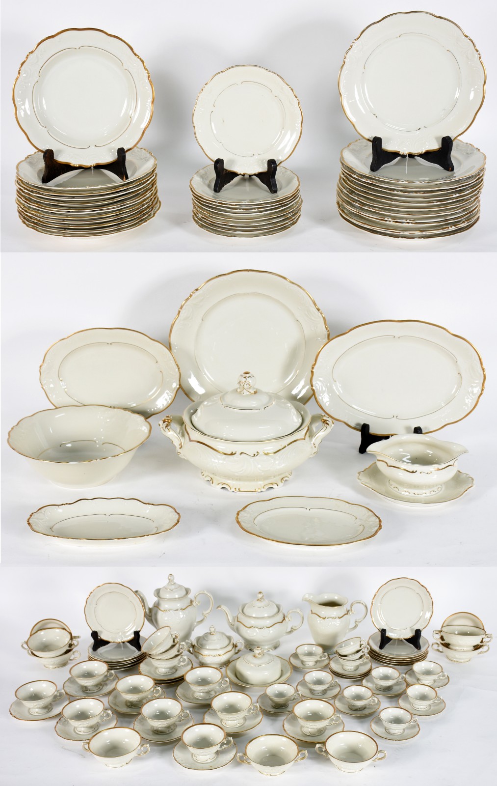 Aparelho de chá, café e jantar de porcelana KPM bege com frisos... - foto 1 de 9