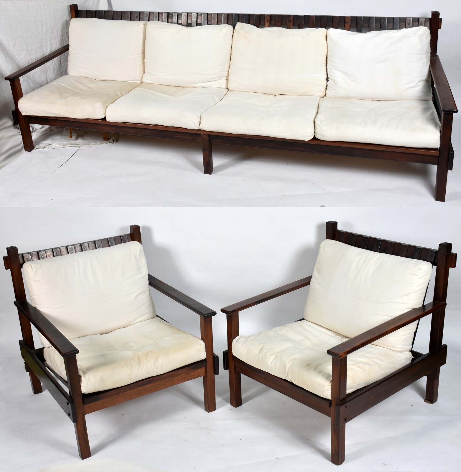 Conjunto de sofá e par de poltronas de jacarandá, encostos com réguas... - foto 1 de 9
